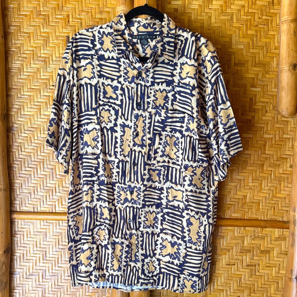 Excetera vintage 90s Patterned rayon Shirt - Blue and Tan Medium